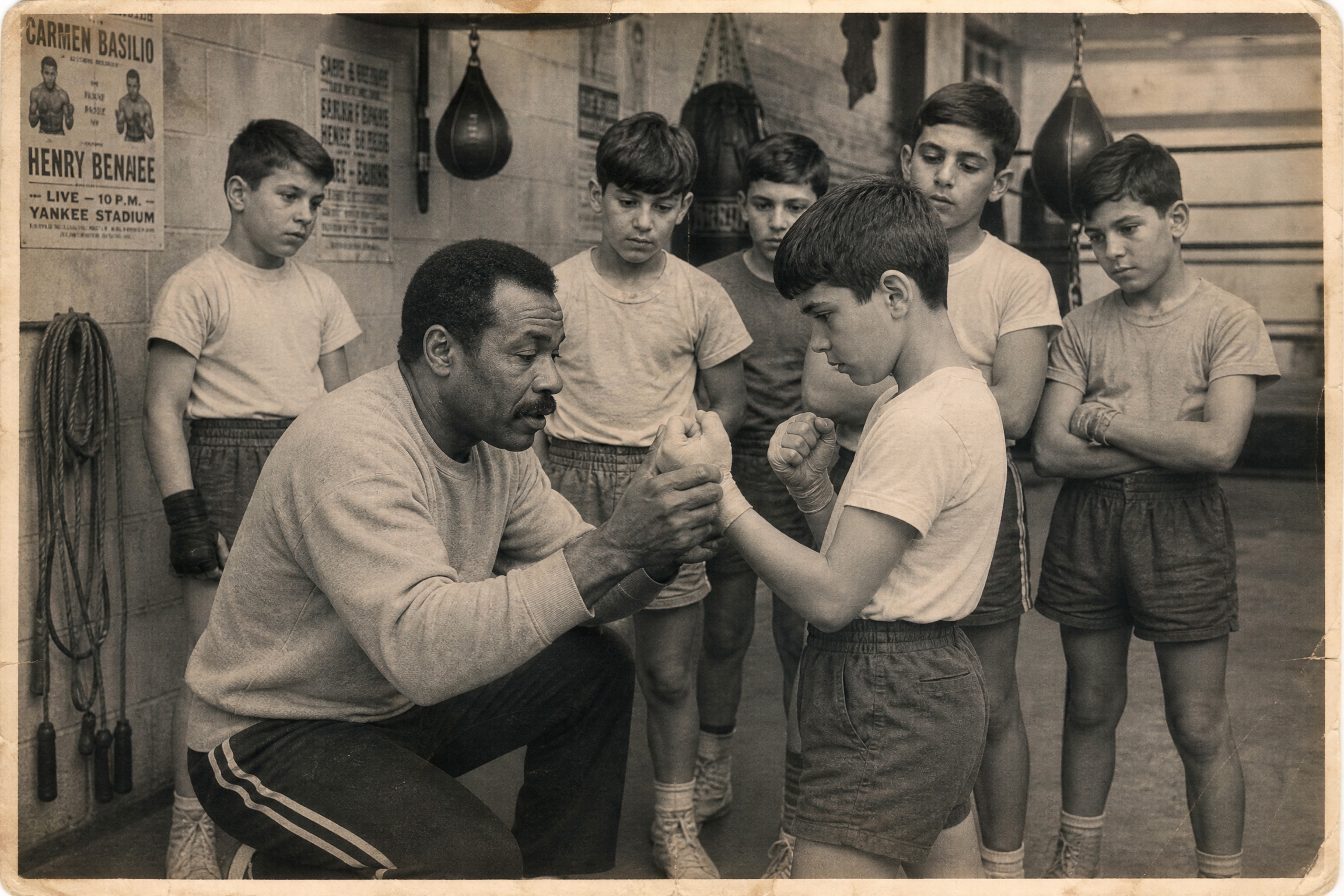 Kids boxing class — trainer teaching a young boy proper form
