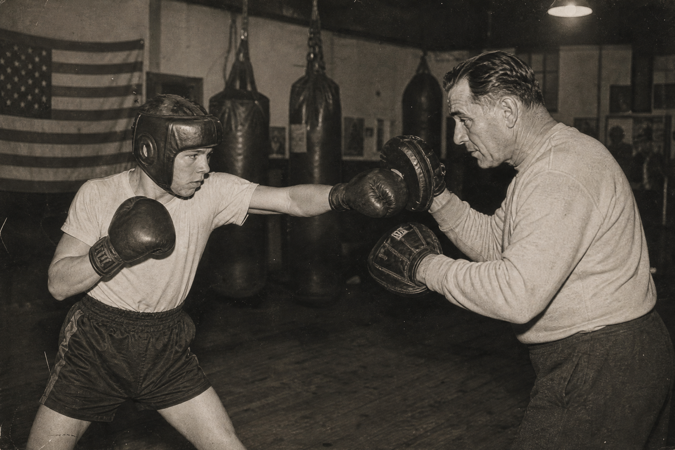 Private boxing lesson — coach and student on the mitts