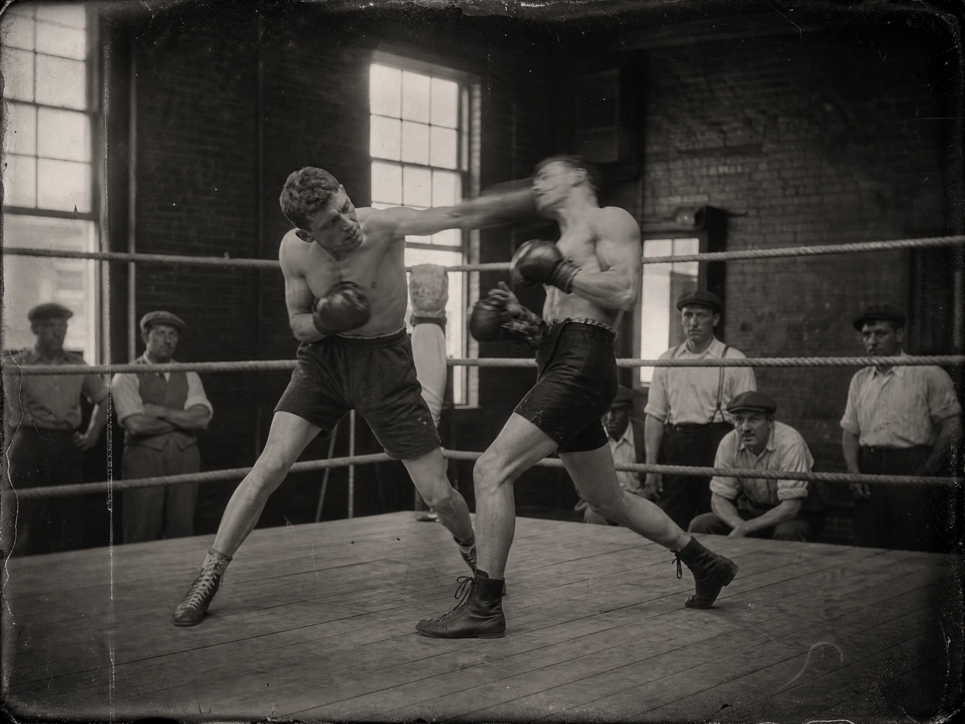 Two boxers sparring, one slipping a punch and countering