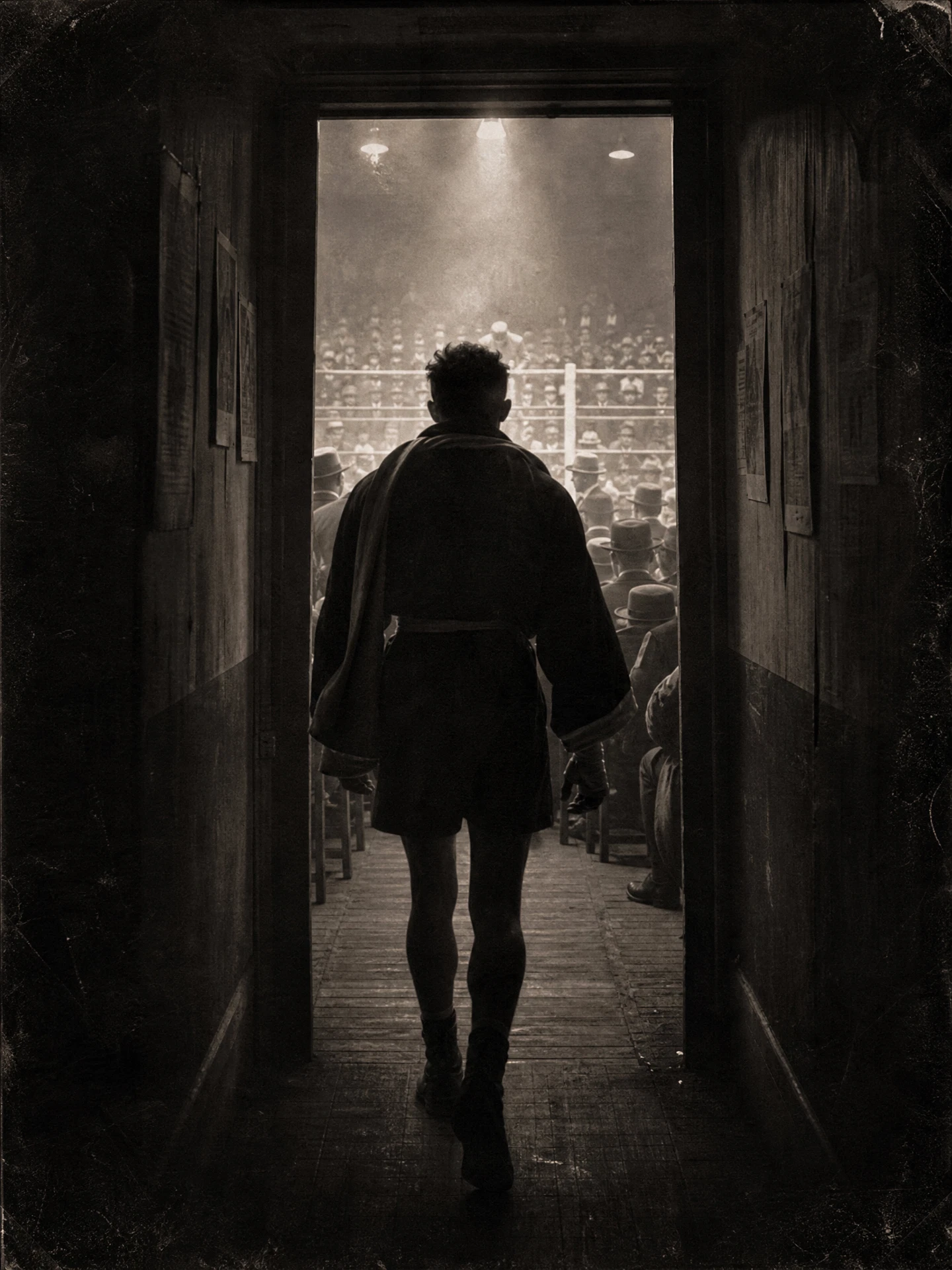 A fighter walking the corridor toward the lit ring