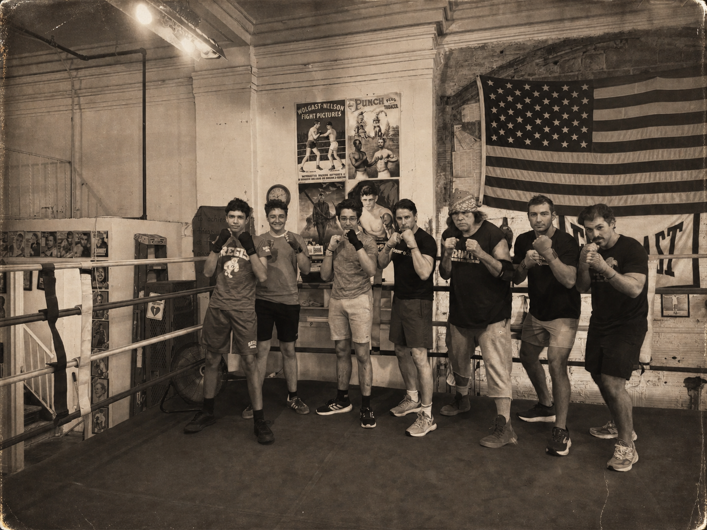 Fighters posing with fists raised inside the ring at Trinity Boxing Club, Los Angeles