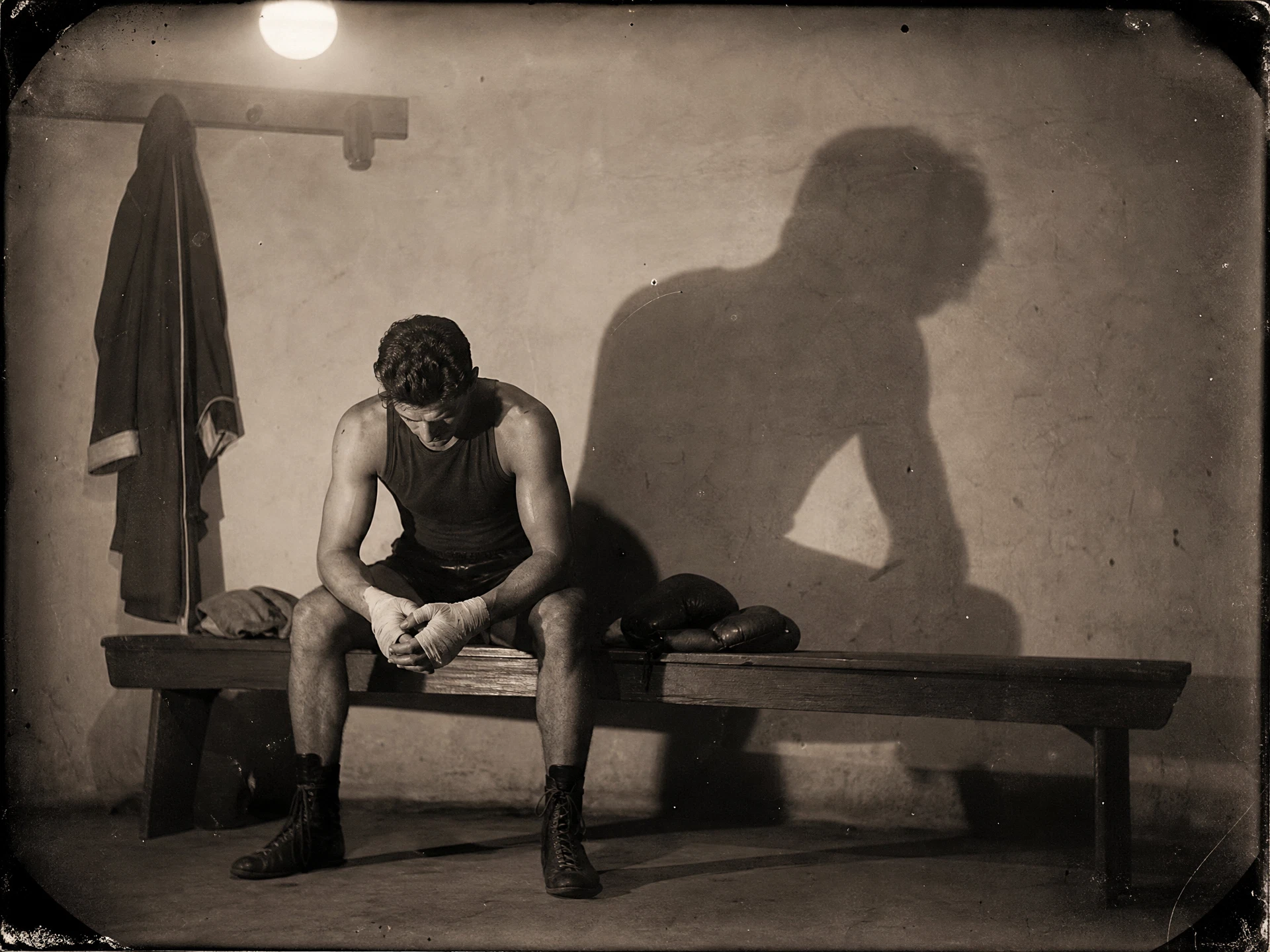 A fighter alone in the locker room, hands wrapped, head bowed
