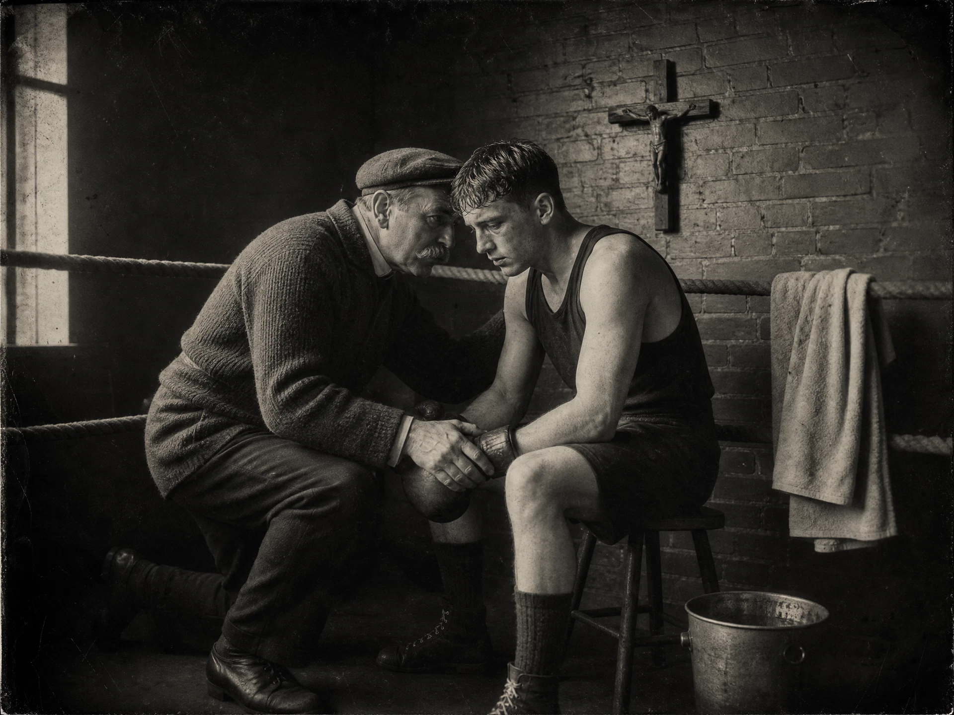 Trainer speaking to his fighter in the corner between rounds